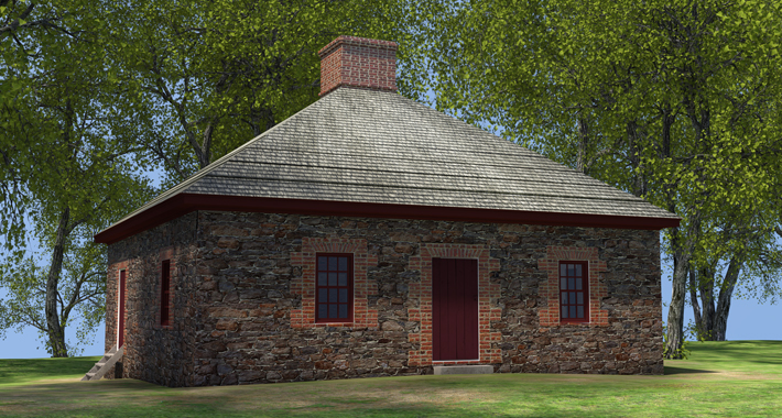 a square brick building with trees in the background. The building has a central door with windows on either side.